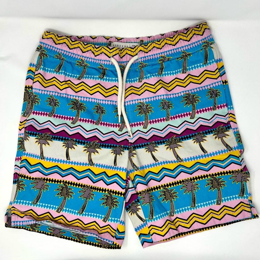 Zipcode Mens Neon Tropical Palm Tree Striped Zig-Zag Board Shorts/Swim Trunks